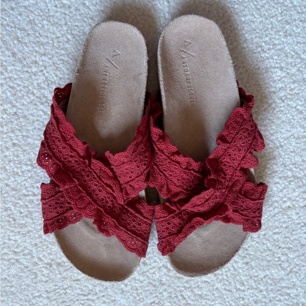 Anthropologie Bianca Ruffled Slide Sandals in Red